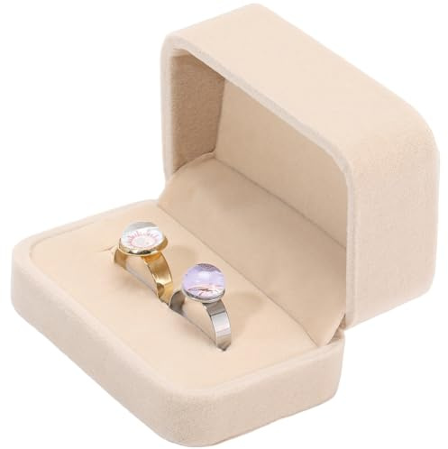 Beebeecraft 2 pz Scatole per Anelli di Coppia in Velluto 2x3x1.6 Pollici Piccole Scatole Rettangolari Classiche Beige Antico Bianco per Anelli 2 Slot Custodia Porta Orecchini Doppia per Regali di