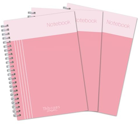 Thboxes A5 Spiral Notebooks 3 Pack, College Ruled, Pink, 200 Pages | Thick Beige Paper, Twin-Wire Lay-Flat Binding, Portable 14.8 X 21 Cm Size, For School, Office And Travel