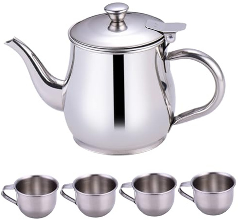 Hbbgdiy Service à thé pour Enfants, théière en Acier Inoxydable à Long Bec de 330 ML avec Filtre et 4 Tasses de 70 ML, Service thé Voyage Portable pour Enfants en Camping la Maison.