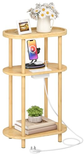 HOOBRO Narrow Side Table with Charging Station, 3 Tier Bamboo Slim End Table, 40 x 20 x 66 cm Narrow Bedside Table, Sofa Side Table, for Living Room, Bedroom, Easy Assembly, Natural EYL178KBZ01