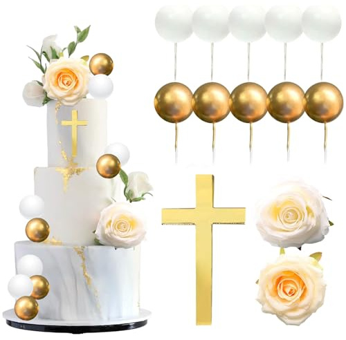 Décorations de Gâteau de Communion, 13 PCS Baptême Décoration de Gâteau, avec Cake Topper Bapteme Croix Dorée, Fleurs Artificielles et Boules, pour Communions, Baptêmes, Anniversaires (Blanc)