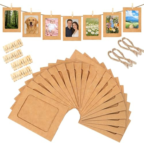 40PCS Cardboard Photo Frames 4x6 Inch, Paper Picture Frames with 40 Wooden Clips and 4 Hemp Ropes for Wall Decor, DIY Photo Wall Display Kit