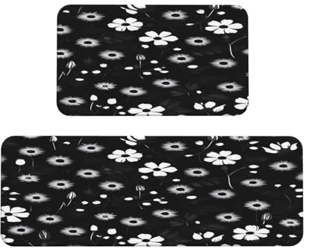 Black and White Floral Print Kitchen Rugs Set of 2, Cushioned Anti-Fatigue Kitchen Mats for Floor, Waterproof Comfort Standing Mat Absorbent Velvet Kitchen Runner Rugs 17x30+17x47