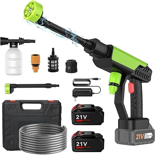 Hidrolimpiadora de Alta Presion 30Bar, Pistola de Agua a presión con 2× Baterías 6000mAh, Boquilla 6 en 1 y Manguera 5m, Limpiador Agua Presion Bateria para Limpiar Coche y Jardín (Verde)