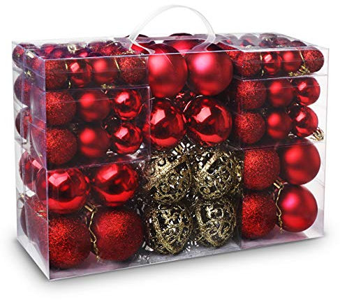 ilauke 100pcs Christmas Baubles Shatterproof Balls Christmas Tree Decoration Ornaments for Xmas Hanging Decorations (Red & Gold)