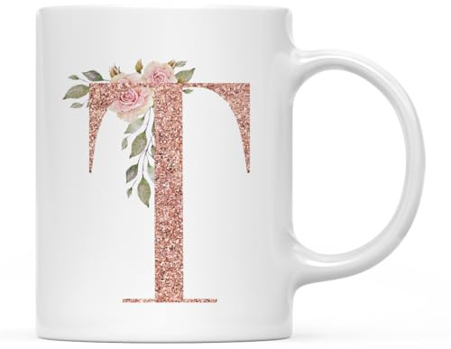 Andaz Press 11oz. Coffee Mug Gift, Pink Watercolor Roses with Faux Rose Gold Glitter Monogram Letter T, 1-Pack, Includes Gift Box, Christmas Birthday Mother's Day Graduation Coworker Present Ideas