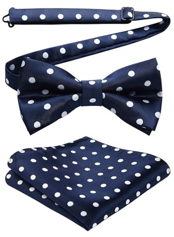 HISDERN Men's Bowties Navy Blue Bow Tie Polka Dots Pre-Tied Bowtie and Pocket Square Set Formal Tuxedo Handkerchief Bow Ties for Wedding