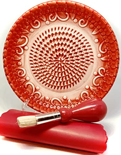BonCera, Ceramic Garlic Grater Plate 4-Piece Set - Red Embossed