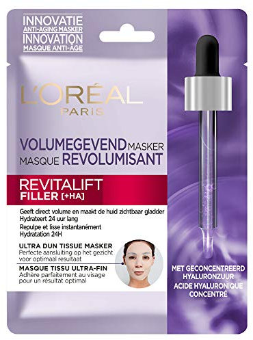 L'Oréal Paris - Masque Tissu Visage au Sérum Anti-Rides Revolumisant - Hydratation 24H - Anti-Age & Repulpant - À l'Acide Hyaluronique Pur - Coton Japonais Ultra-Fin - Revitalift Filler - 28 g