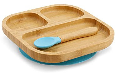 GREENBOX Juego de platos cuadrados de bambú, plato con ventosa con cuchara, certificado FSC, juego de cuencos de madera de bambú para niños pequeños, plato y cuenco para aperitivos, vajilla de bambú