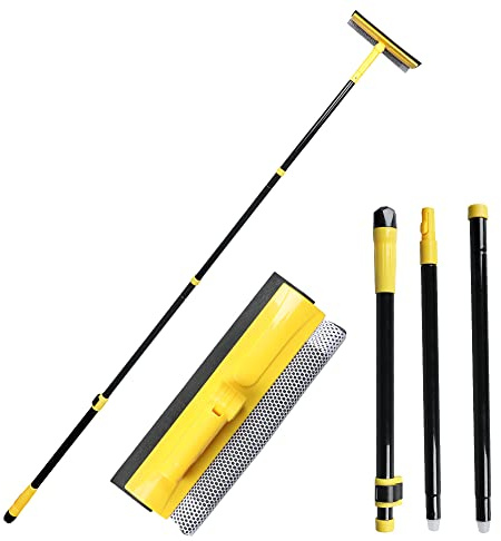 MULING Standard professionell multifunktionell fönsterskrapa, 2-i-1 fönsterrengörare har 160 cm justerbart mjukt gummiblad och 25 cm absorberande svamphuvud för bil vindruta, bensinstation, dusch och