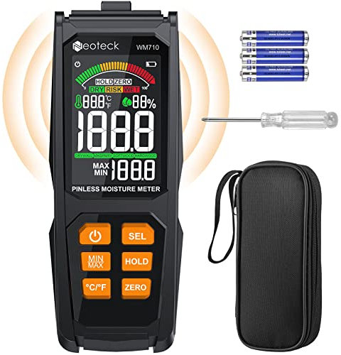 Neoteck Medidor de Humedad con±4% Precición y 20mm Profundidad de Análisis Medidor de Humedad sin Aguja con Pantalla a Color VA y Visualización Audiovisual para Madera, Pared, Yeso, Albañilería