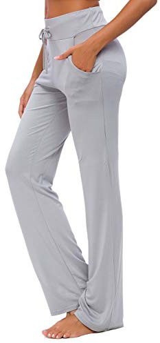Women's Yoga Trousers with Pockets Wide Leg Drawstring Loose Straight Lounge Running Workout Modal Trousers Active Leisure Jogging Bottoms Light Grey S