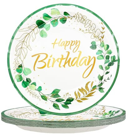 TOPWAYS Verde Eucalipto Eucalyptus Cumpleaños Platos Desechables, 9inch 23cm Papel Platos Desechables Vajilla para Fiesta Decoración Niño Mujer Hombre Cumpleaños (Platos 24pcs)