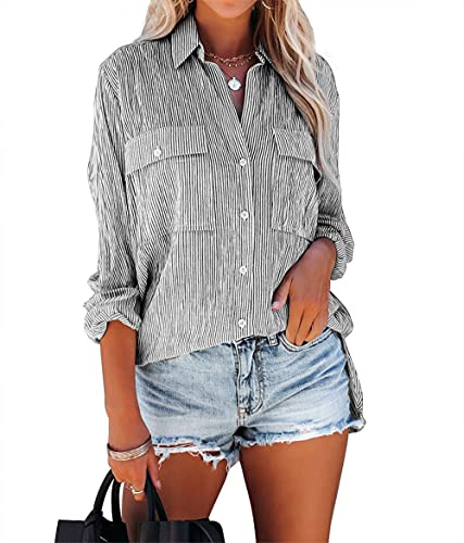 Zitiki Damblus, elegant, randig blus, V-ringad, ledig skjorta, långärmad, snygg skjorta, kontor, arbete, toppar med ficka, M