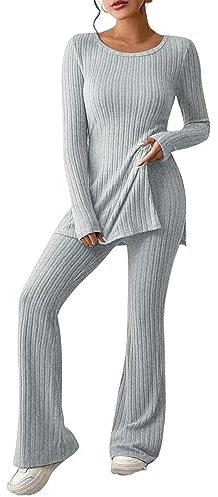 Zweiteiler Damen Strickanzug Langarm Gerippt Strickpullover Lange Schlaghose Sportanzug Lounge Set Freizeit Outfit Zweiteiler Damen Freizeit Set