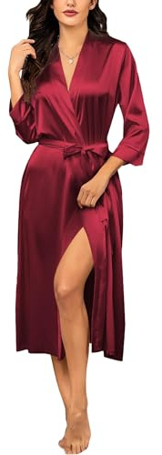 Ekouaer Accappatoio Donna Vestaglie di Seta da Donna Lunghe Damigella d'Onore Festa di Nozze Vestaglie in Raso Indumenti da Notte con Tasche Accappatoio Donna, Rosso, M