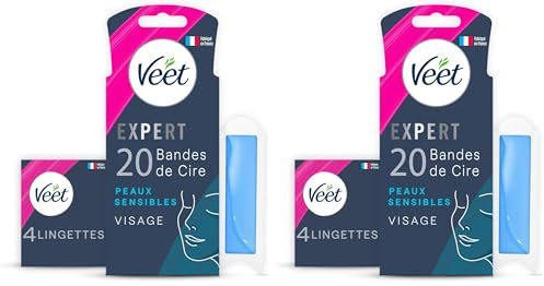 Veet EXPERT - 20 Bandes de Cire Froide Visage - Peaux Sensibles - Finition Parfaite - Epilation Longue Durée (Lot de 2)
