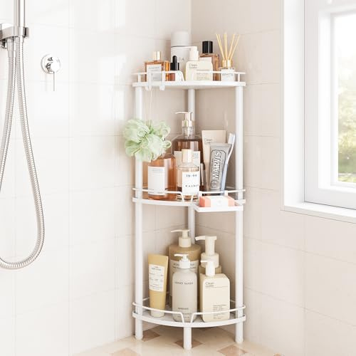 ELYKEN Corner Shower Caddy Standing, 3 Tier Rustproof Metal Shower Organizer with Soap Holder, Floor Shower Corner Shelf Rack Storage Stands with Adjustable Feet & 2 Hooks for Bathroom, White