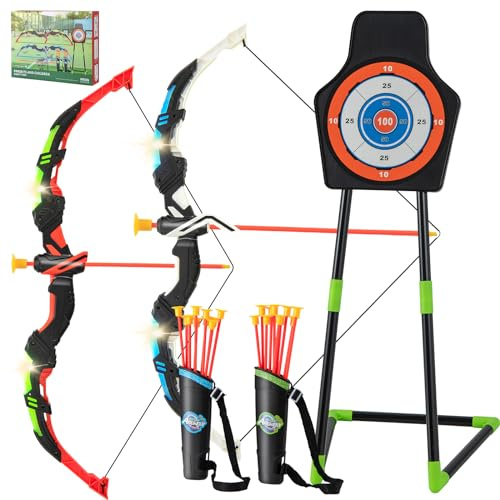 HOMASIS Arc et flèches 2 Enfants, Set de tir à l'arc avec 2 arcs, 20 flèches, 2 carquois & Cible, Cadeau Arc Enfant avec flashs LED, Arc Jouet pour intérieur & extérieur, dès 3 Ans