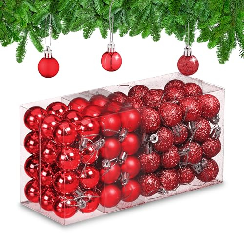 Relaxdays Weihnachtskugeln im 96er Set, glitzernde, matte & glänzende Baumkugeln, Weihnachtsbaumdeko, Kunststoff, rot