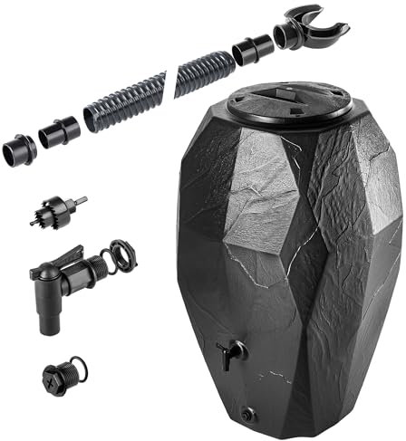 KADAX Frostsichere Regentonne aus Kunststoff, Regenfass mit Steinoptik, Regenwassertonne, Regenwasserbehälter mit Wasserhahn und Deckel (Schwarz)