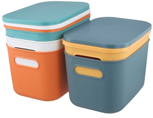 HEIYUET Caja de almacenamiento de plástico con tapa, 5 unidades, 25 x 18 x 16 cm, cajas de plástico coloridas, apilables con tapa para estantes, cocina, baño, oficina, dormitorio