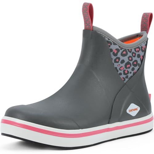 Showave Kid's Deck Boots Waterproof Ankle Rain Boots for Boys Girls Insulated Neoprene Rubber Boots Non-slip Child Rain Shoes (Pink cheetah,3 Little Kid)