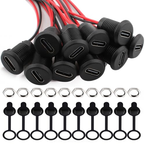 RUNCCI-YUN 10PCS USB Type-C Soldering Panel Mount Socket 2Pin USB C DIY Pigtail Bare Wire Power Cable, with Dust Covers and Nutswith PD Function 150mm 24 AWG Wire （Black）
