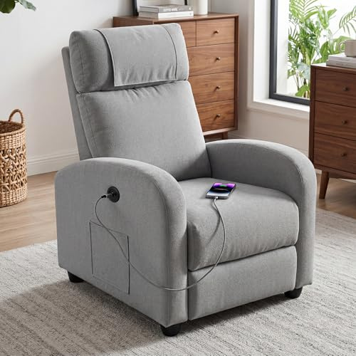 BonVache Recliner Armchair For the Elderly,Lounge Sofa Seating with Type C+USB Ports,High Back Chairs with Dual Side Pockets,Adjustable Leg Rest,for Living Room Bedroom Reading TV,Light Gray