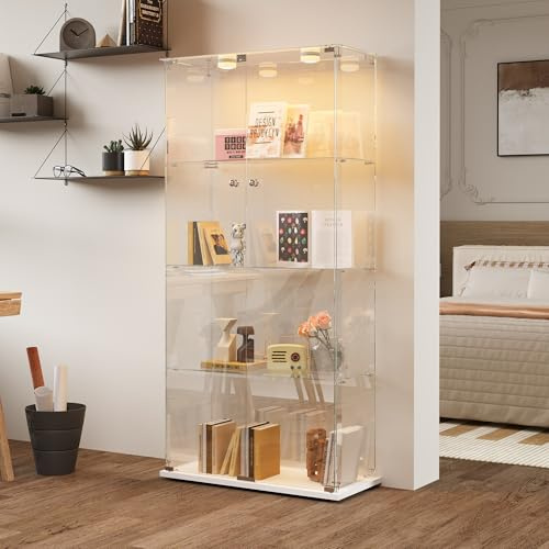 KSFASHZ Vitrina de cristal con LED, vitrina de cristal con 4 estantes y 2 puertas, vitrina de vitrina expositora de columna, vitrina de vidrio transparente, vitrina expositiva de vidrio, blanco