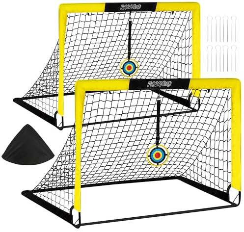 Fitencexu Fotbollsmål barn, pop-up, set om 2 (120 x 90 cm) – inkl. 2 målskivor och bärväska för trädgård/park, förstärkta glasfiberstänger, vikbar och väderbeständig (gul)