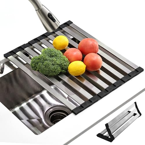 KitchenRaku Escurreplatos Plegable 40x32.5cm | Escurridor de Platos para Fregadero | Acero Inoxidable 304/Silicona | Rejilla para Escurrir Tazas, Frutas y Verduras, Organizador Cocinero (Negro)