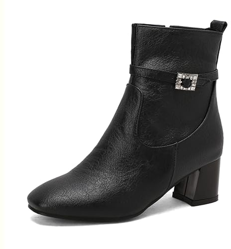Bviennic Botines Mujer Tacón Ancho Medio Comodo Punta Quadrada Zip Slouch 2650 Negro Talla 42 EU/44Cn