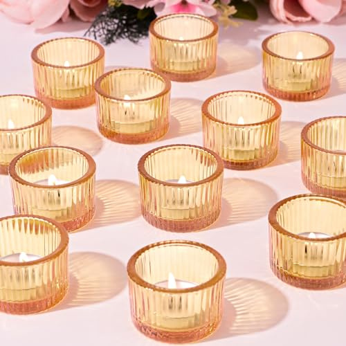 12PCS Tea Light Candle Holders Gold Tealight Holders, Ribbed Small Tea Light Holders Glass Candle Holder for Wedding Party Bridal Shower Table Centerpiece Home Decor