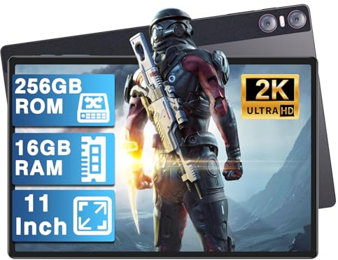SKYEGG Tablet 11 Pulgadas Android, 16GB RAM 256GB ROM Expandible 1TB, Pantalla 2K IPS, 4 Altavoces, 3 Cámaras, GPS, Carga Rápida 18W, 8600mAh, WiFi 5G, Octa-Core, con Funda – Gris