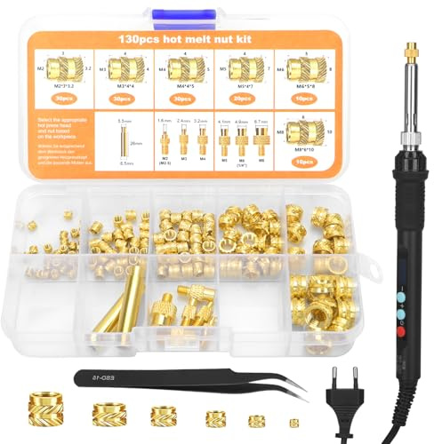 CIOXSOIO 130 Pezzi Inserti Filettati Stampa 3D, 900W Temperatura Regolabile Saldatore a Stagno Digitale, Inserto Filettato M2/M3/M4/M5/M6/M8 per Plastica con 6 Punte Saldatura