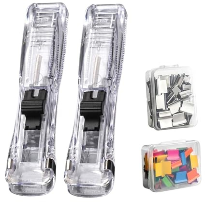 Set de distributeur de clips pour dossiers en papier : poussoir à pince ergonomique avec 100 clips métalliques, agrafeuse à pousser rechargeable | Papeterie pour salles d'études pour compteur