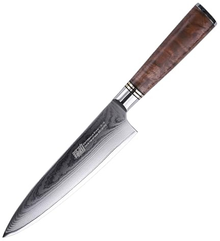 FINDKING Damask kockkniv 20 cm, VG10 stål, handtag i trä i trä | 67-lagers damaskstål, VG10-kärna, 60±2 HRC, 15° skärkant, burl trähandtag, kött, grönsaker, frukt