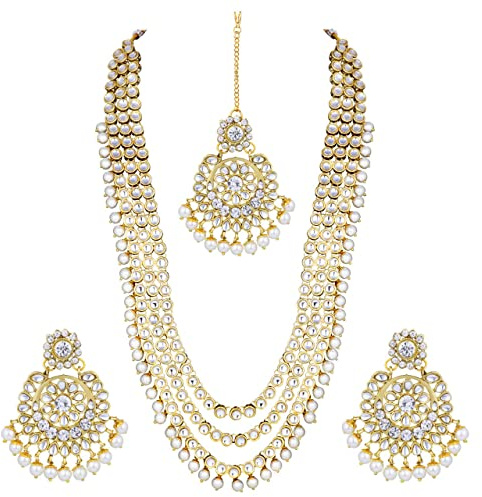 Aheli Indian Ethnic Wedding Faux Kundan Beaded Bridal Long Necklace Earrings with Maang Tikka Traditional Jewellery Set for Women