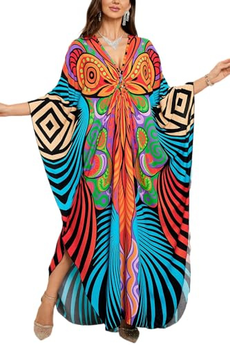 L-Peach Femme Été Coton Broderie Florale Longue Kaftan Maxi Robe Paréo de Plage pour Maillot de Bain