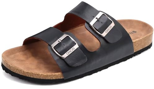 ONCAI Men's Slide Sandals with Two Adjustable Straps Cork Footbed Open Toe Black Size 10 UK Casual Mules Slides Non Slip Rubber sole