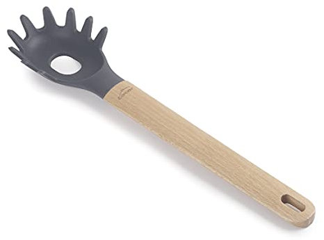 LACOR 68189 - Cucchiaio di Pasta Silicone Unite, Server Spaghetti Professionale, Manico in Legno di faggio, Non Macchia la Padella, Resistente alle Alte Temperature, Privo di BPA, 32,5 cm, Grigio