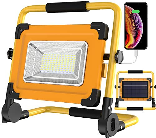 Solar LED Baustrahler Akku, 120 LED Tragbare Arbeitsleuchte Solar USB Wiederaufladbar, 4 Modi 6000K Wasserdicht Outdoor Flutlicht 14000mAH Powerbank für Autoreparatur, Garage, Werkstatt, Camping