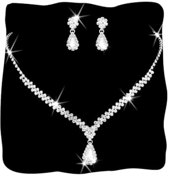 Ushiny Set di gioielli da sposa in argento Set di orecchini e collana di strass scintillanti in argento Set di gioielli da sposa con orecchini pendenti in zirconia cubica per donne e ragazze (#XT-045)
