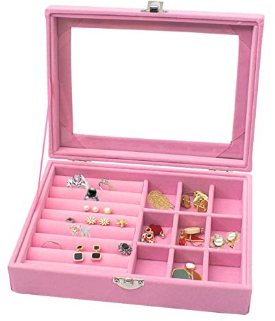 dogmoon Jewelry Storage Case, 9 Grid Velvet Jewelry Box, Ring Display Box, Earrings Organizer with Clear Lid Lockable Jewellery Showcase for Rings, Earrings, Necklace (Pink)