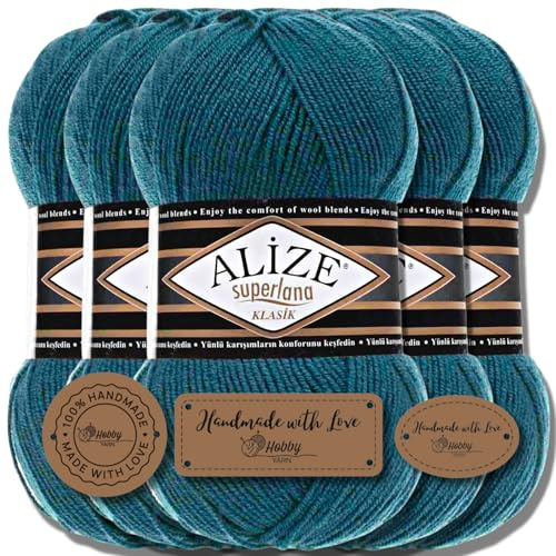 Alize 5 x 100 g Superlana klassisk turkisk premium ull bomull och akryl Uni handstickgarn garn stickgarn enfärgad baby för virkning stickning stickgarn (petrol | 212)