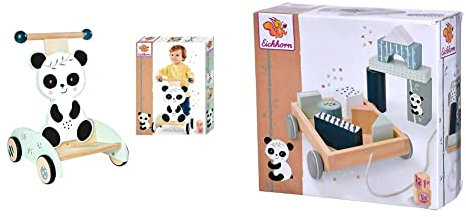 Eichhorn - Panda Linie - Schiebe-Lauflernwagen, teilmontiert & - Bauwagen mit 11 Bausteinen, Nachziehspielzeug, 12 teilig, 18x17,5 cm groß, ab 1 Jahr