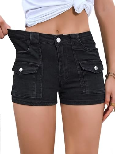 Aotasely Women's Bodycon Casual Denim Shorts Stretchy Mid Rise Cargo Jean Shorts with Pockets Night Clubwear Black S
