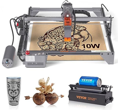 VEVOR Máquina de Grabado Láser 10 W Grabadora Láser 64x58x27 cm Área de Trabajo 40x40 cm Velocidad de Movimiento 10000 mm/min Punto Comprimido Rodillo Rotativo Corte Láser para Madera Metal Acrílico